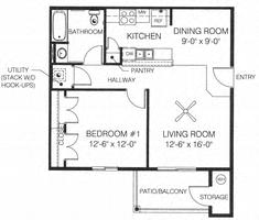 Floor plan for 1 bed, 1 bath, 673 sqft